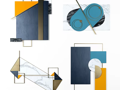 Modern Geometric Wall Decor With Blue Orange Gold Shapes And Marble Patterns 3d model