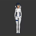 Anime Style Female Character With Short Hair In White And Blue Tight Fitting Suit