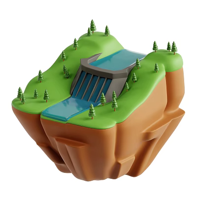 Lush Garden Landscape With Green Hills Pine Trees Dam And Flowing Water 3d model