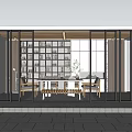 Modern Tea Room Interior Design With Glass Sliding Doors Bookshelves Tea Table And Chairs