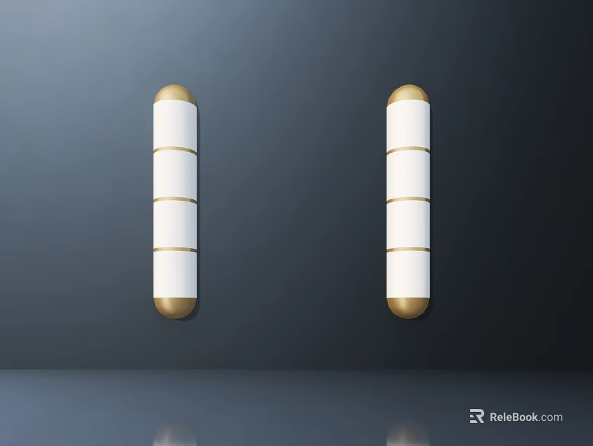 White Cylindrical Wall Lamps With Golden Base And Top Mounted On Dark Wall With Reflective Floor 3d model 