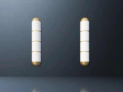 White Cylindrical Wall Lamps With Golden Base And Top Mounted On Dark Wall With Reflective Floor 3d model