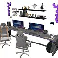 Ergonomic Gaming Desk And Chair Set With Double Monitors Shelves And Purple Lights