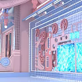 Commercial Equipment Featuring Blue Lion Sculpture Pink Circuit Base Gears And Rings
