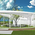Modern Garden Landscape Design With Spiral White Structure Green Lawn And Central Trees
