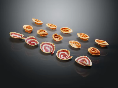 Colorful Rolled Food Slices With Spiral Patterns Orange And Pink Colors Scattered On Black Background 3d model