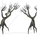 Leafless Trees With Twisted Trunks And Root Like Legs Artistic Design 3d model