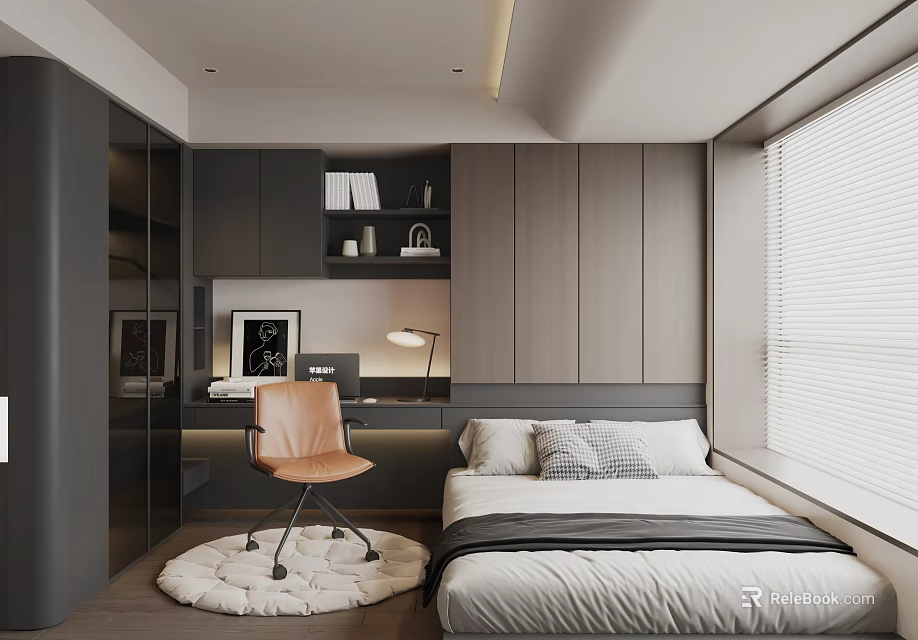 Modern Tatami Bedroom Interior With Bed Desk Chair Window And Gray Cabinets Design 3d model 