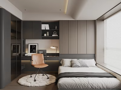 Modern Tatami Bedroom Interior With Bed Desk Chair Window And Gray Cabinets Design 3d model