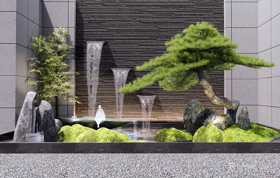 Modern Garden Feature With Waterfall Pine Tree Rocks And Green Moss 3d model