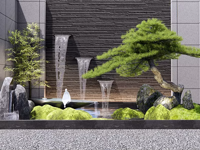 Modern Garden Feature With Waterfall Pine Tree Rocks And Green Moss 3d model