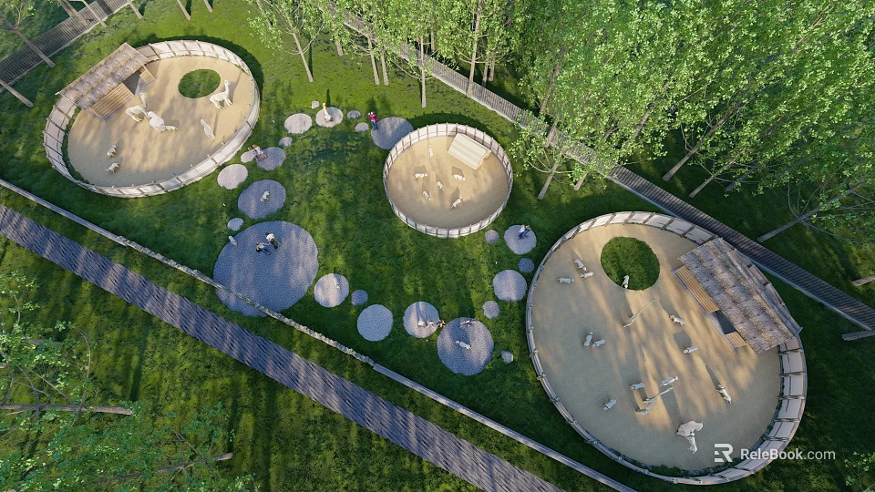 Outdoor Circular Leisure Areas With Green Grass Trees And Paths 3d model 