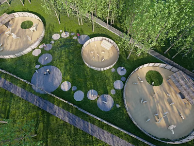 Outdoor Circular Leisure Areas With Green Grass Trees And Paths 3d model