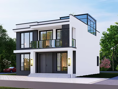 Modern Detached Villa With Large Glass Windows Second Floor Balcony And Lush Greenery 3d model