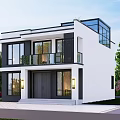 Modern Detached Villa With Large Glass Windows Second Floor Balcony And Lush Greenery