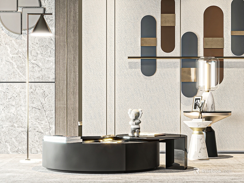 Modern Living Room Black Round Coffee Table With Bear Figurine Books And Geometric Wall Decor 3d model 
