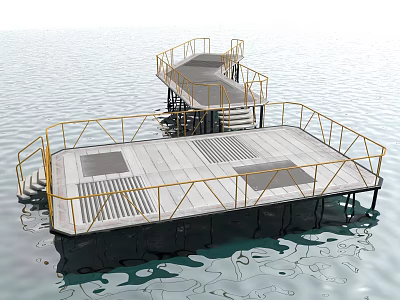 Floating Platforms On Calm Water With Yellow Railings Metal Grilles And Stairs 3d model