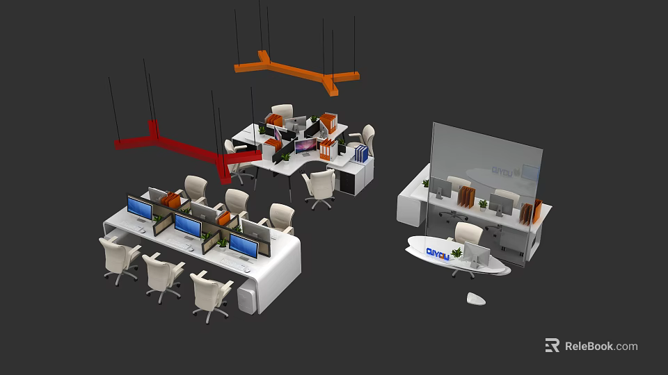 Modern Office Desk Setup With Multiple Workstations Computers Office Chairs And Storage Cabinets 3d model 