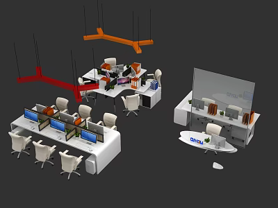 Modern Office Desk Setup With Multiple Workstations Computers Office Chairs And Storage Cabinets 3d model