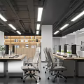 Modern Open Public Office Space With White Walls Gray Floors Desks Chairs Green Plants Blinds
