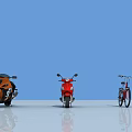 Various Colored Motorcycles Including Orange Sport And Red Scooter On Reflective Floor With Blue Background