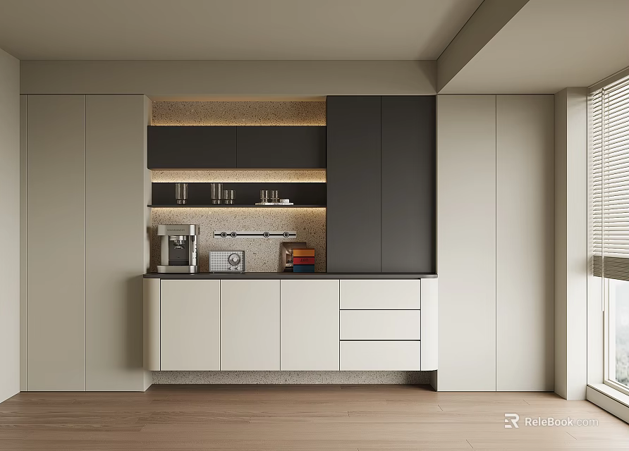 Modern Kitchen Sideboard With White Cabinets Black Doors And Storage Drawers 3d model 