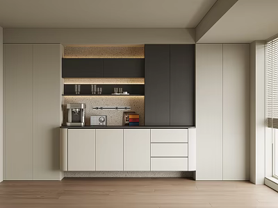 Modern Kitchen Sideboard With White Cabinets Black Doors And Storage Drawers 3d model