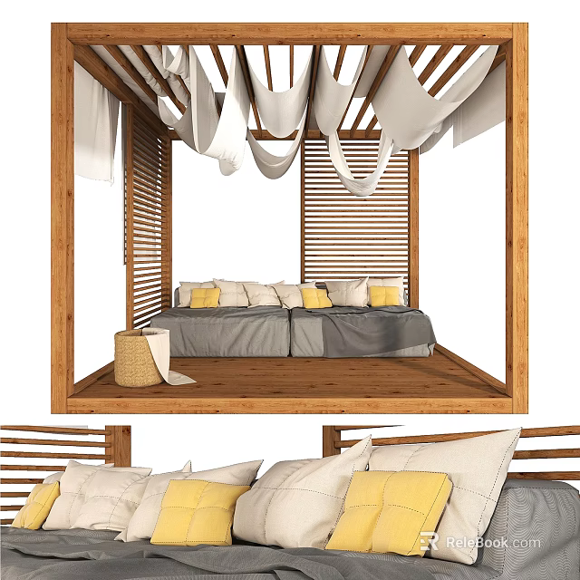Cozy Garden Nook With Wooden Frame Louvered Panels Gray Sofa And Yellow Cushions 3d model 