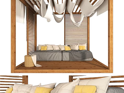 Cozy Garden Nook With Wooden Frame Louvered Panels Gray Sofa And Yellow Cushions 3d model