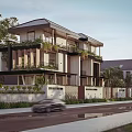 Modern Two Story Townhouse Exterior With Balconies Greenery Surrounding Trees And Stone Fence