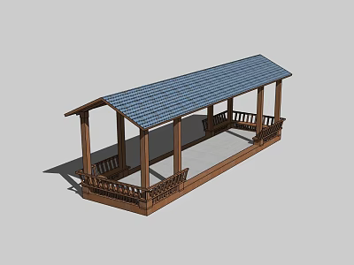 Outdoor Wooden Pavilion With Blue Tiled Roof Wooden Columns Railing And Benches 3d model