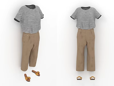 Striped Short Sleeve Top And Khaki Long Pants Outfit With Brown Sandals 3d model