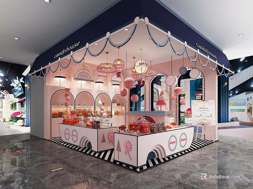 Vibrant Sweet House Candy Shop Kiosk With Pink Blue Decor Arch Displays And Striped Floor 3d model 