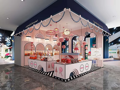 Vibrant Sweet House Candy Shop Kiosk With Pink Blue Decor Arch Displays And Striped Floor 3d model