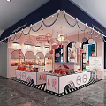 Vibrant Sweet House Candy Shop Kiosk With Pink Blue Decor Arch Displays And Striped Floor