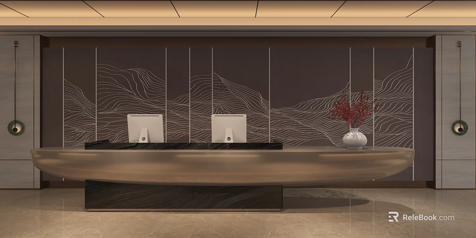 Modern Service Hall Interior Design With Reception Desk Computers Vase And Wave Pattern Wall Decor 3d model