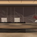 Modern Service Hall Interior Design With Reception Desk Computers Vase And Wave Pattern Wall Decor 3d model