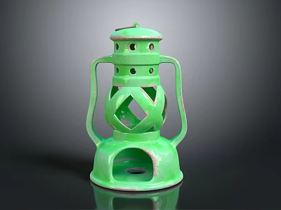 Green Ceramic Lantern Shaped Lighting Combination Featuring Lattice Design And Handle 3d model
