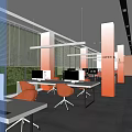 Modern Public Office Space With Large Windows Blinds Orange Chairs White Desks And Black Computers