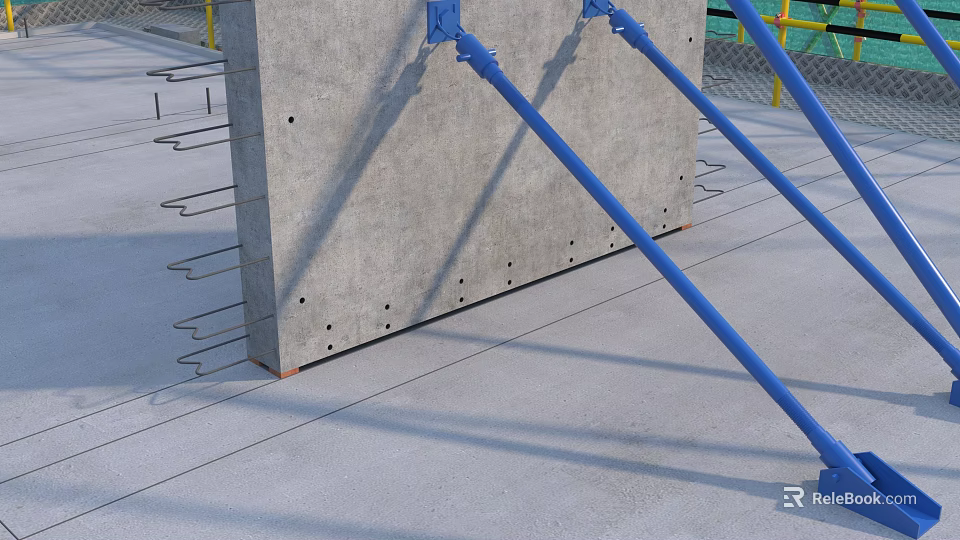Concrete Slab Structure with Blue Support Poles and Exposed Steel Bars at Construction Site 3d model 
