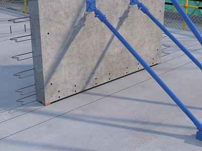 Concrete Slab Structure with Blue Support Poles and Exposed Steel Bars at Construction Site 3d model