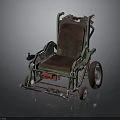 Vintage Green Frame Wheelchair With Brown Upholstered Seat And Metal Wheels