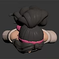 3D Female Character with Dark Hair Pink Headband Green Eyes White Shoulderless Top Dark Background