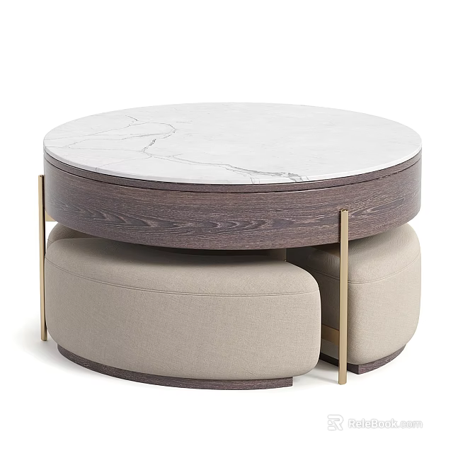 Round Marble Top Coffee Table with Wooden Base and Beige Upholstered Stools 3d model