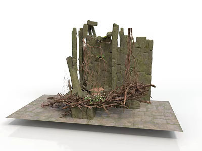 Modern Scene Featuring Stone Structure With Twigs Moss And Slate Platform 3d model
