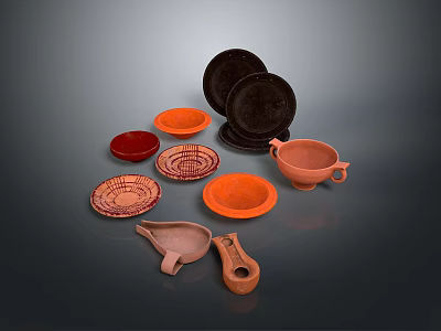 Hand Carved Pottery Collection with Bowls Plates and Cups in Various Shapes and Colors 3d model
