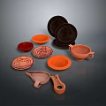 Hand Carved Pottery Collection with Bowls Plates and Cups in Various Shapes and Colors