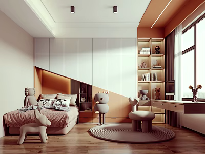 Bright Modern Kids Room Interior With Cozy Bed Bookshelf Round Rug And Wooden Floor 3d model