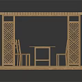 Wooden Outdoor Gazebo With Lattice Design Table And Chairs For Garden Relaxation Area