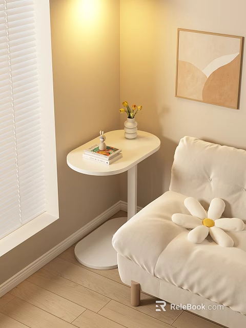 White Round Side Table With Yellow Flowers Books Vase And Daisy Cushion In Cozy Corner 3d model 